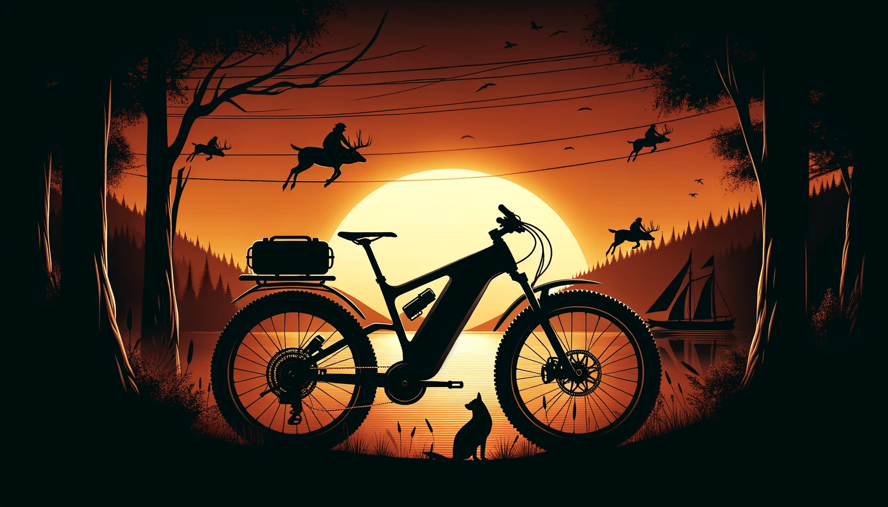 2024 Electric Hunting Bikes Unlocking The Great Wilderness   DALL·E 2023 11 02 08.41.10 Illustration Of An Electric Hunting Bike Silhouette Against A Sunset Backdrop Highlighting Its Sleek Design And Emphasizing Its Role In Modern Huntin 